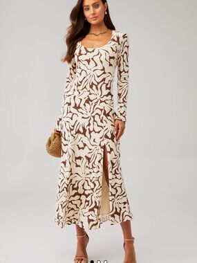 Stella Carakasi Brown & Cream Long Sleeve Printed V-Neck Dress